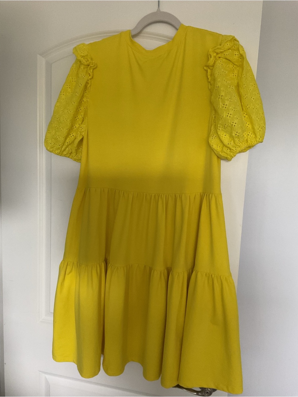 English Factory Yellow Puff-Sleeve Tiered Mini Dress